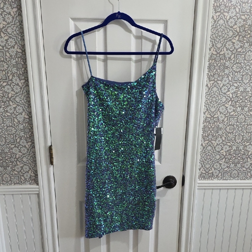 NWT City Vibe Sequin One Shoulder Teal Blue Mermaid Mini Dress Size Large​